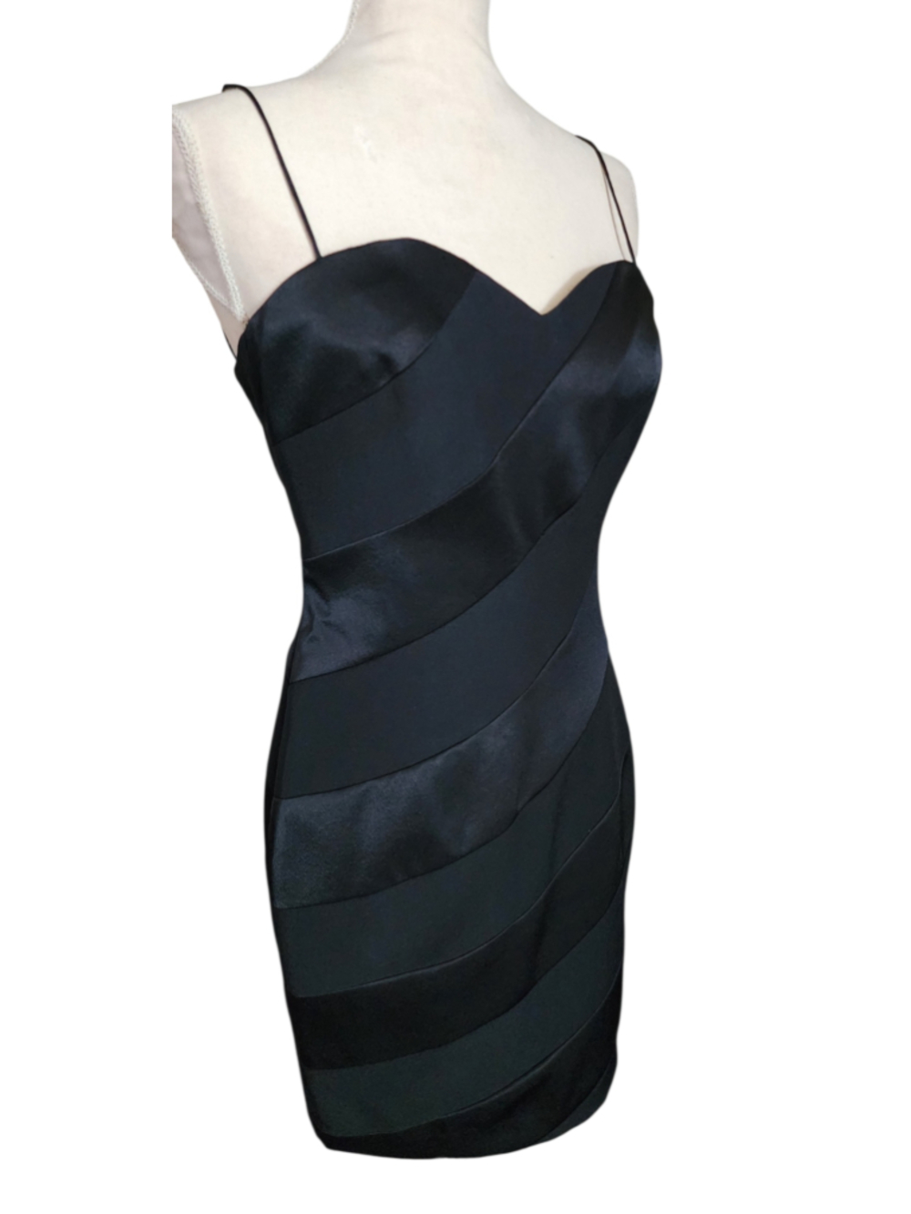 Vintage 90s Gillian Black Mini Dress 4 Spaghetti Sweetheart Bodycon Banded LBD